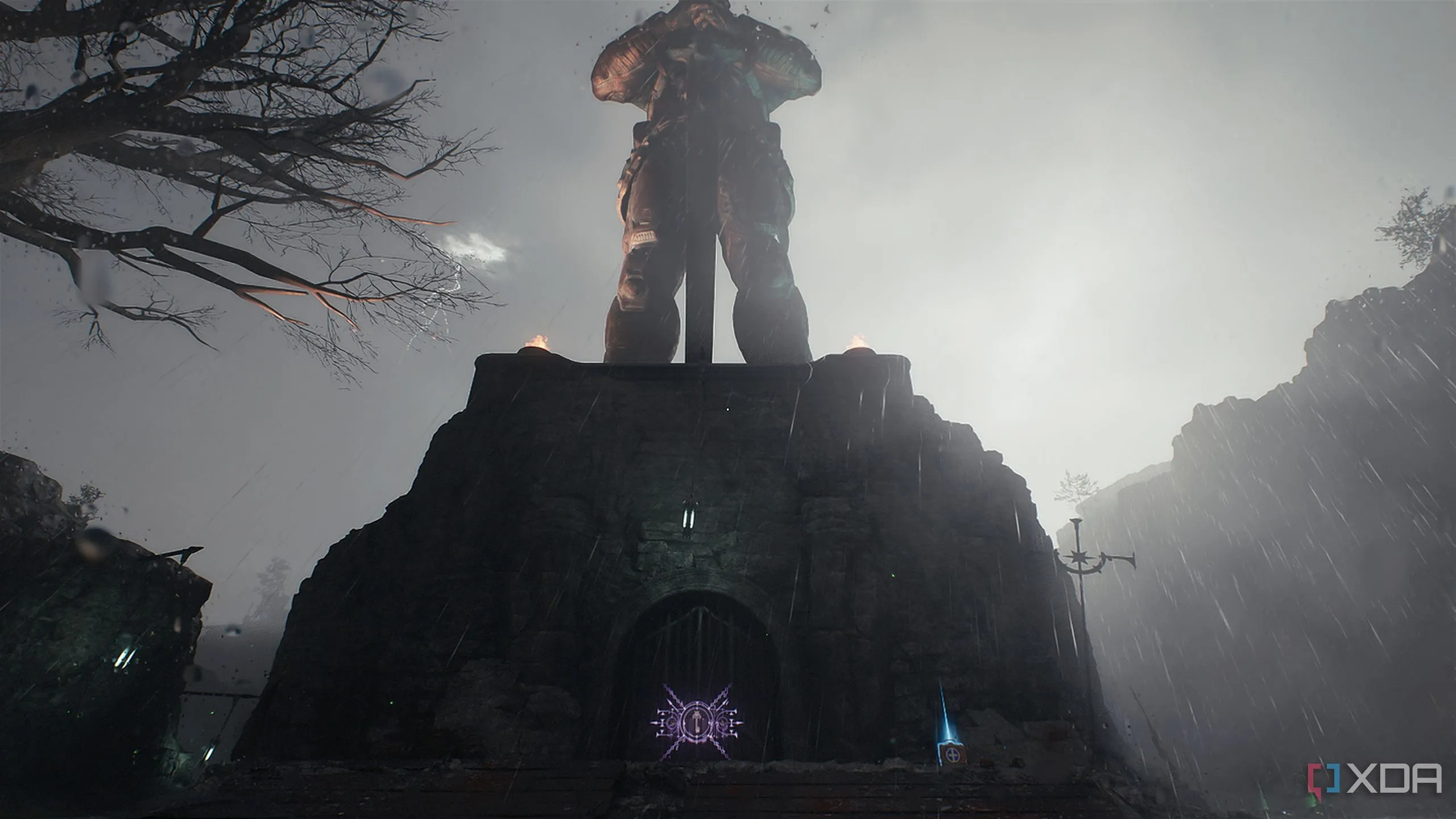 Tượng hiệp sĩ Sentinel khổng lồ, điểm đánh dấu lối vào bí mật cần thẻ khóa tím trong Doom The Dark Ages
