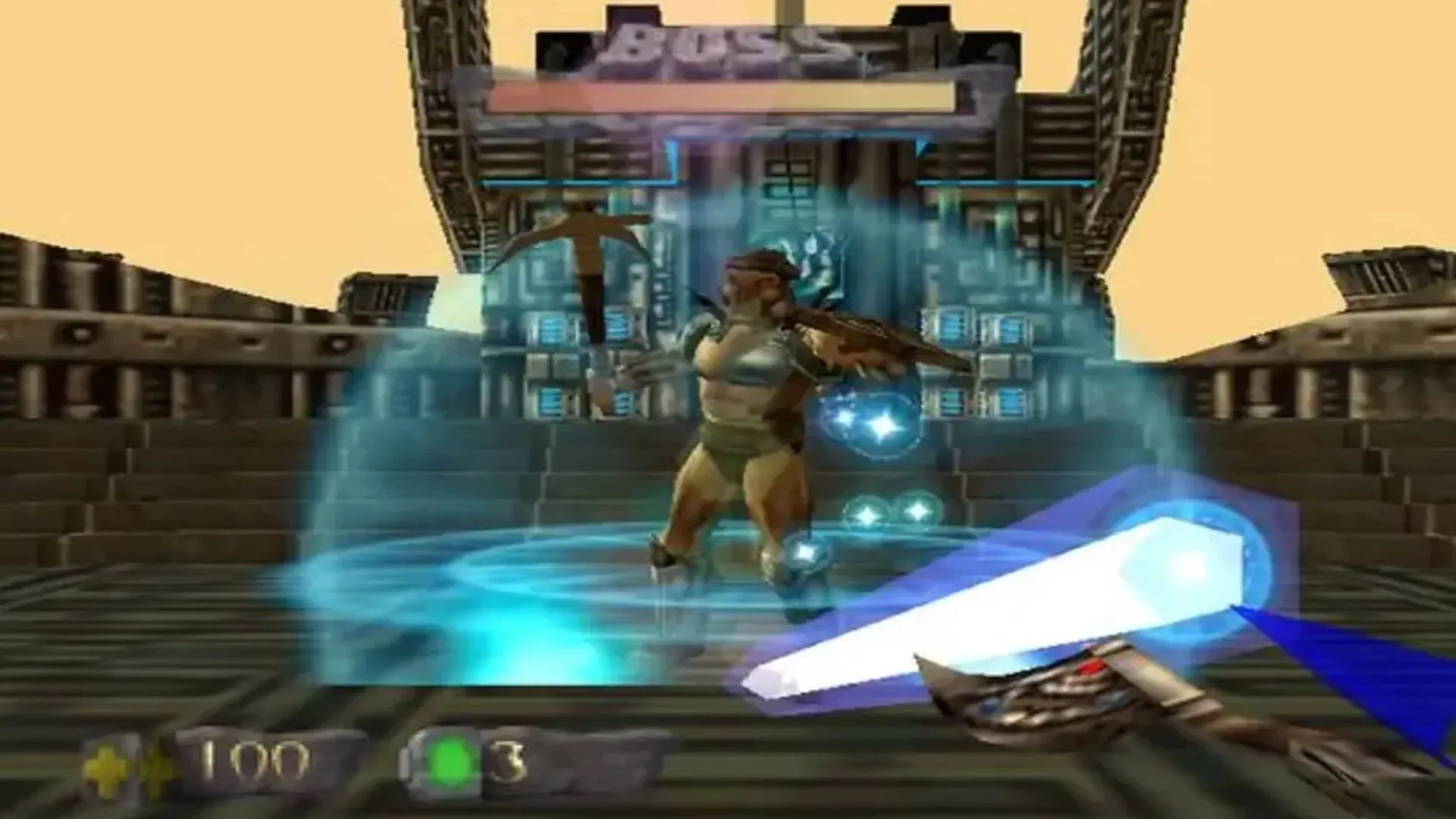 Turok sử dụng Chronoscepter, vũ khí cổ đại có khả năng xé toạc thời gian, trong Turok: Dinosaur Hunter.