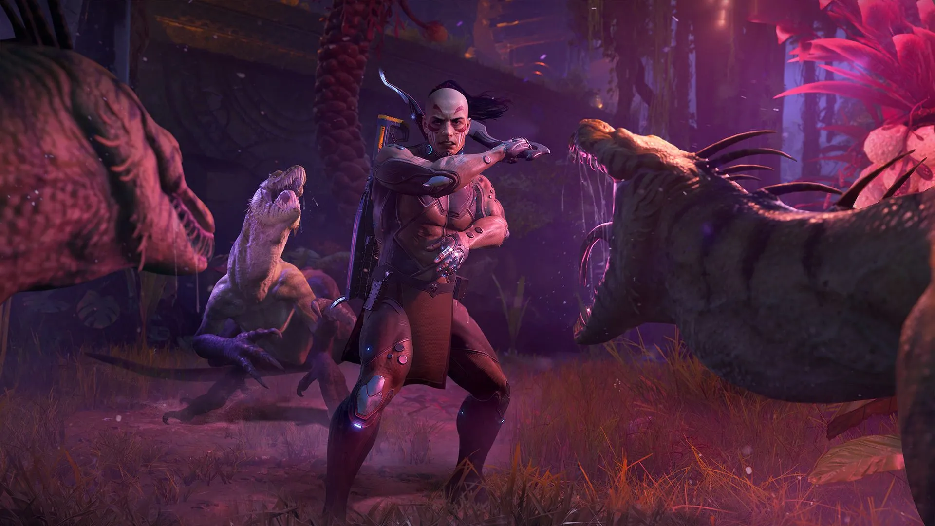 Turok với con dao đối mặt với khủng long, hình ảnh từ Turok Origins, minh họa sự tiếp nối của series game