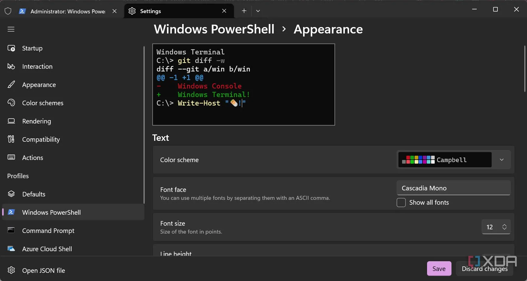 Tùy chỉnh giao diện Windows PowerShell trong Windows Terminal, bao gồm bảng màu và font chữ
