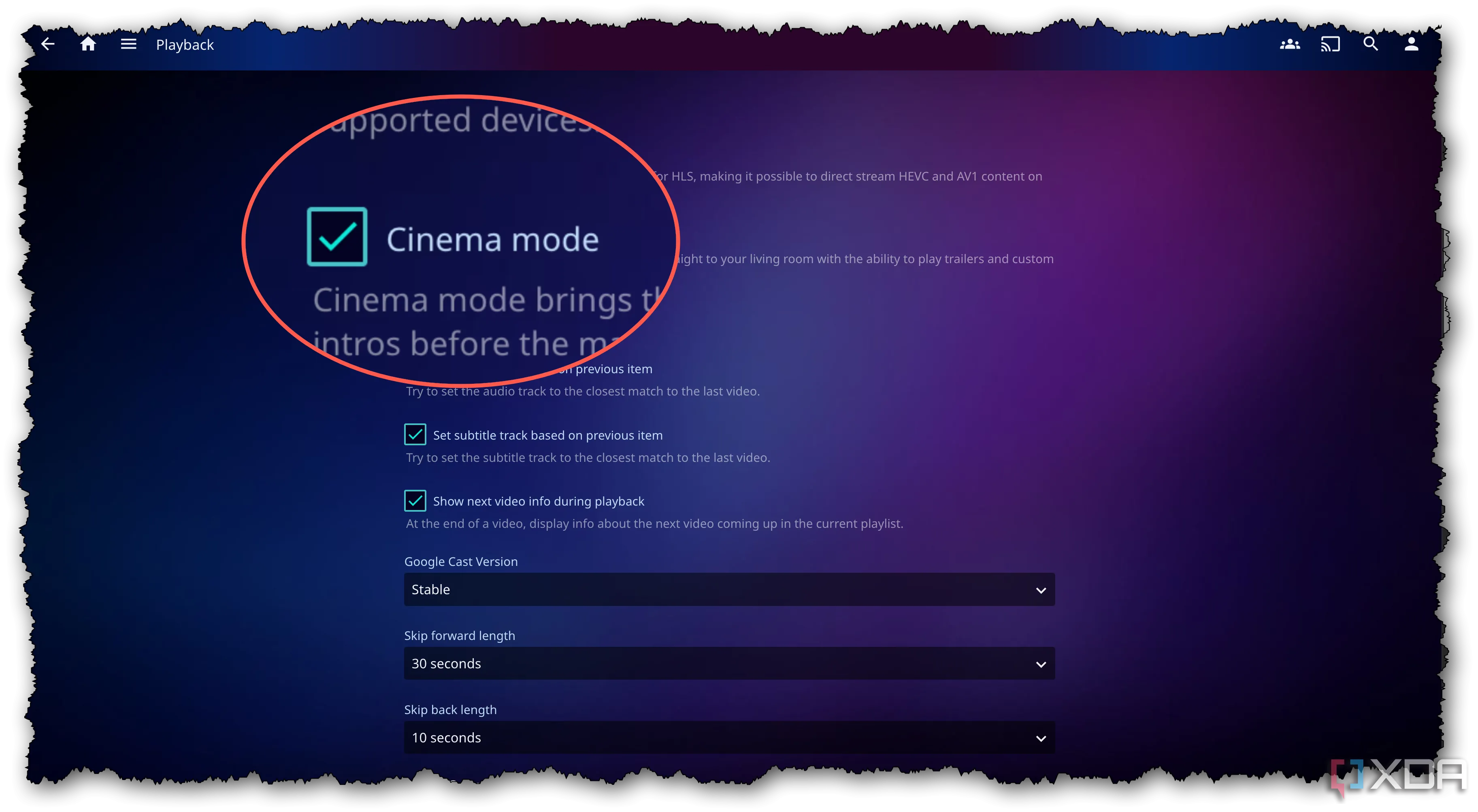 Tùy chọn cấu hình chế độ Cinema Mode trong Jellyfin, hiển thị các thiết lập cho intro và preroll.