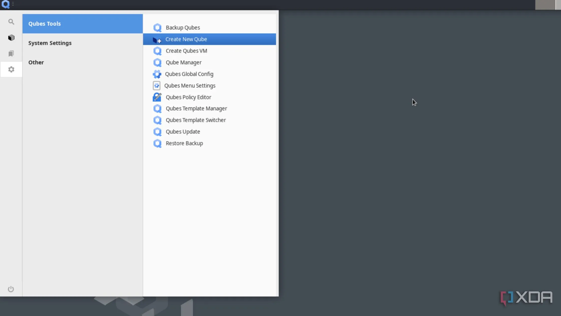 Tùy chọn &quot;Create New Qube&quot; trong menu Start của Qubes OS