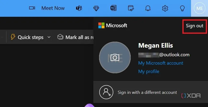Tùy chọn đăng xuất trên trang web Outlook