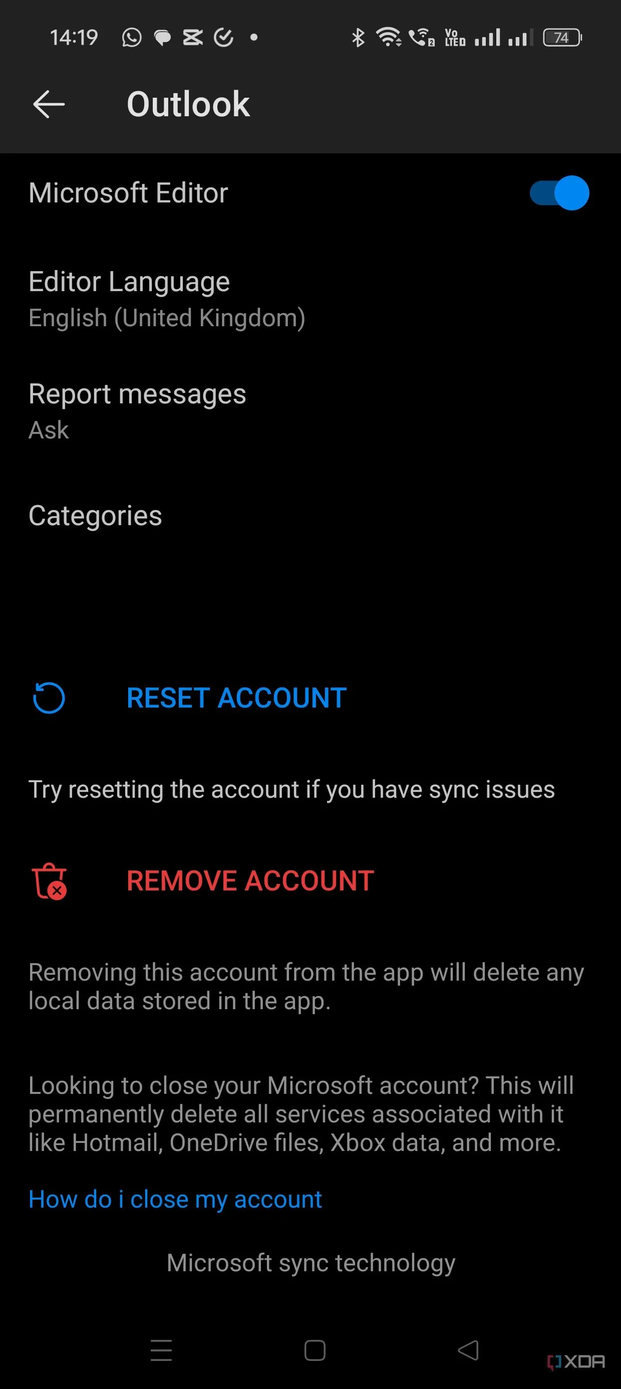 Tùy chọn gỡ tài khoản trong ứng dụng Outlook di động