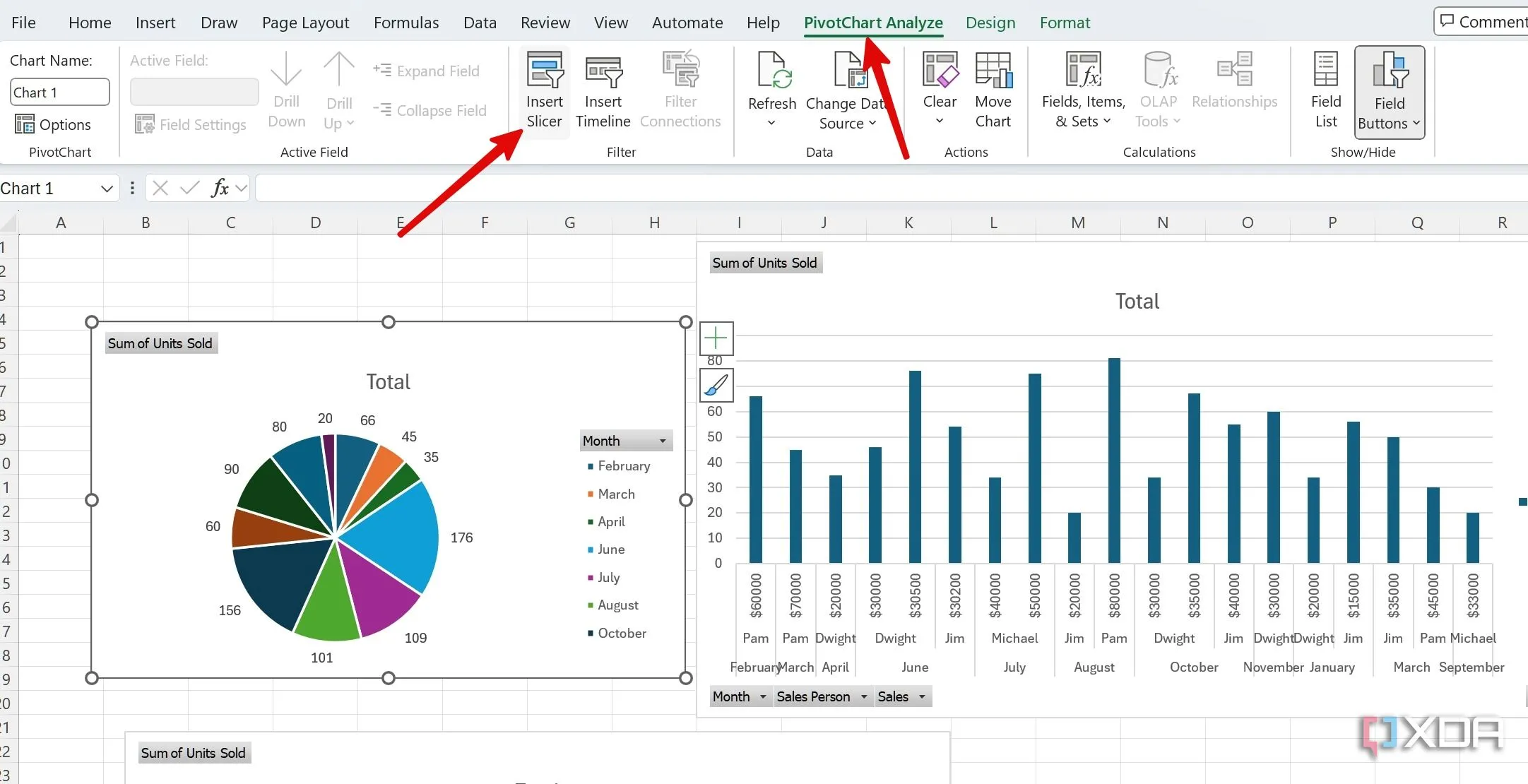 Tùy chọn &quot;Insert Slicer&quot; trong tab &quot;PivotChart Analyze&quot; của Excel