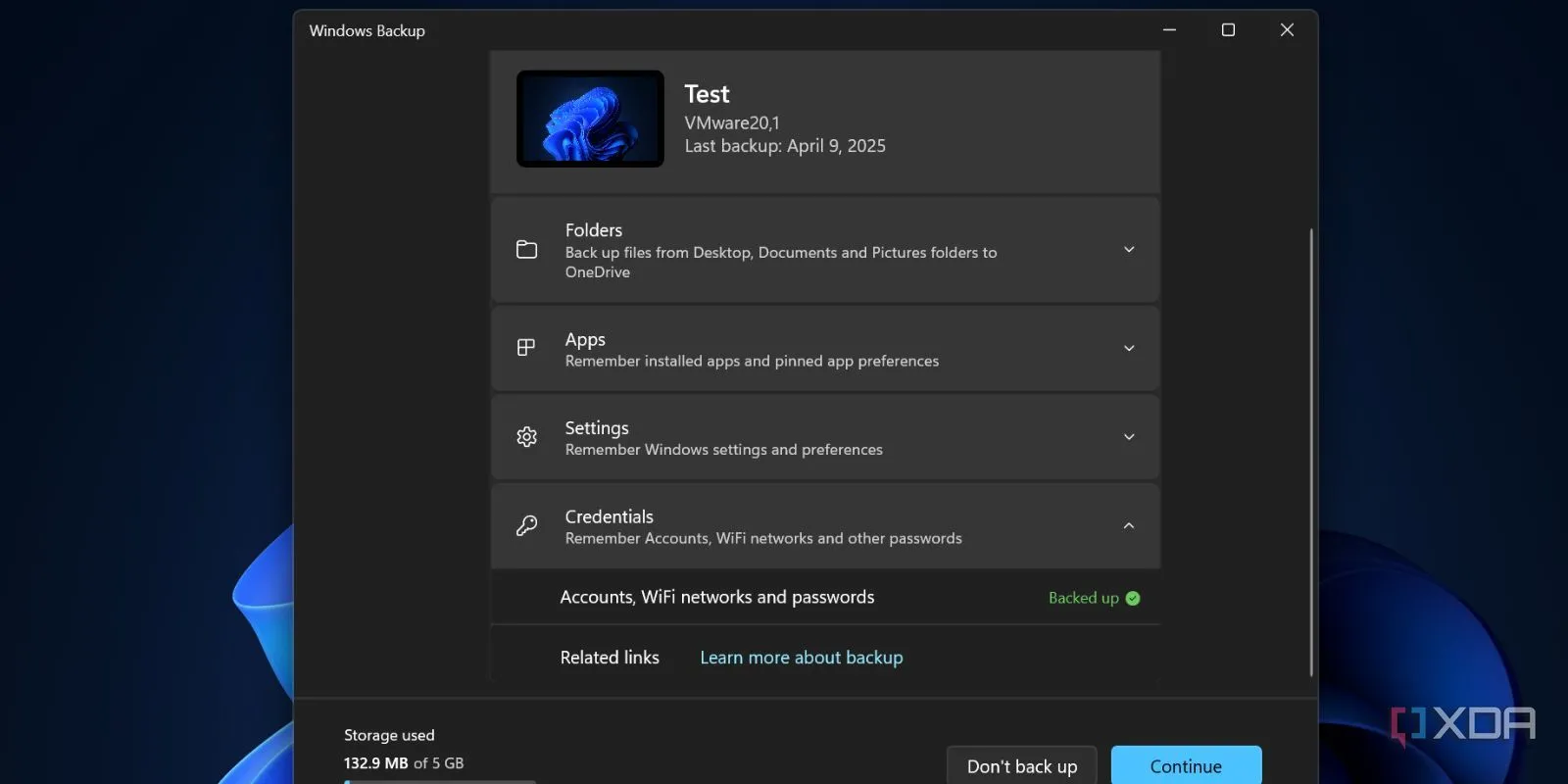 Tùy chọn khôi phục thông tin đăng nhập và mật khẩu trong ứng dụng Windows Backup