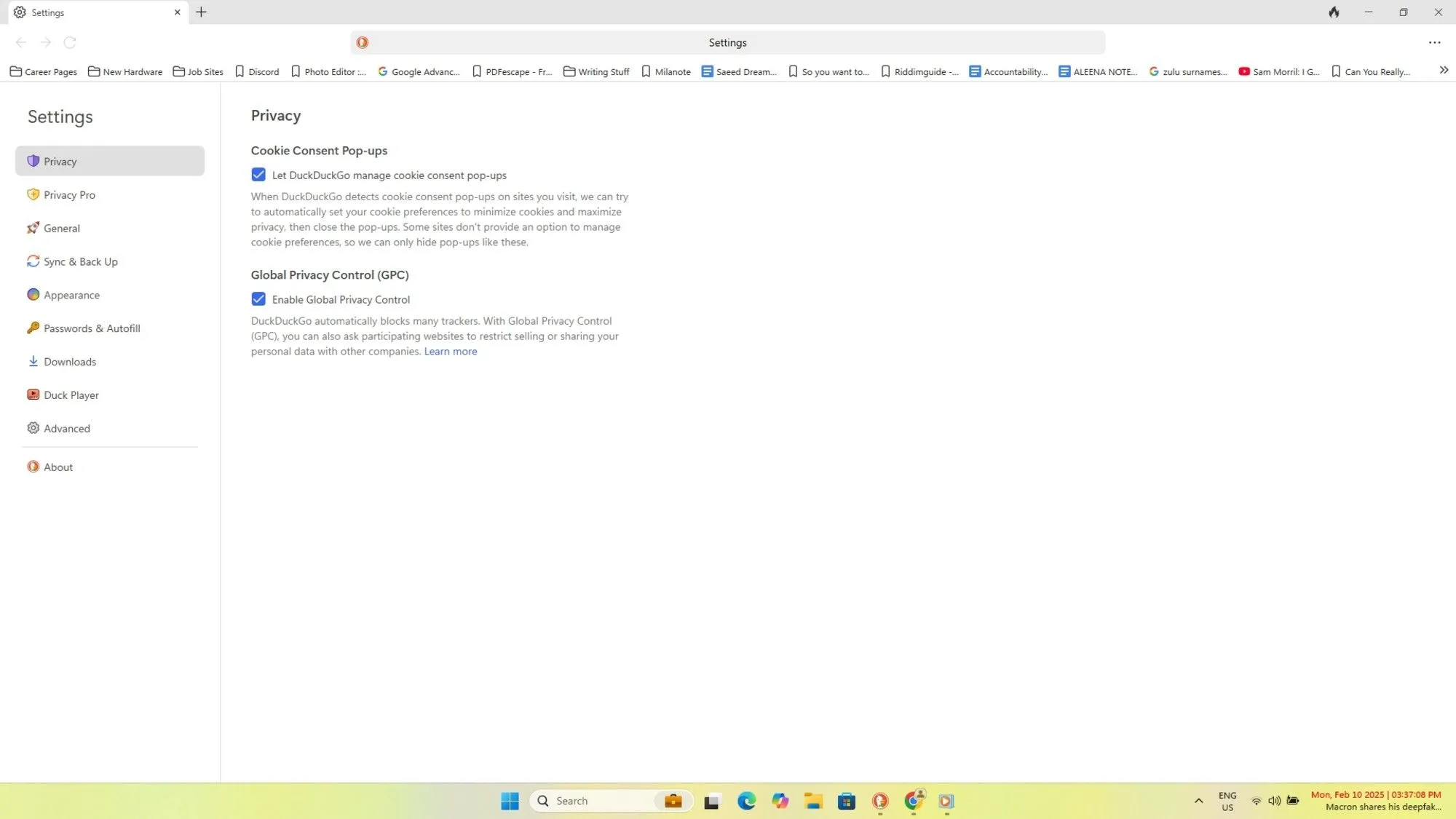 Tùy chọn kiểm soát quyền riêng tư toàn cầu (GPC) trong DuckDuckGo
