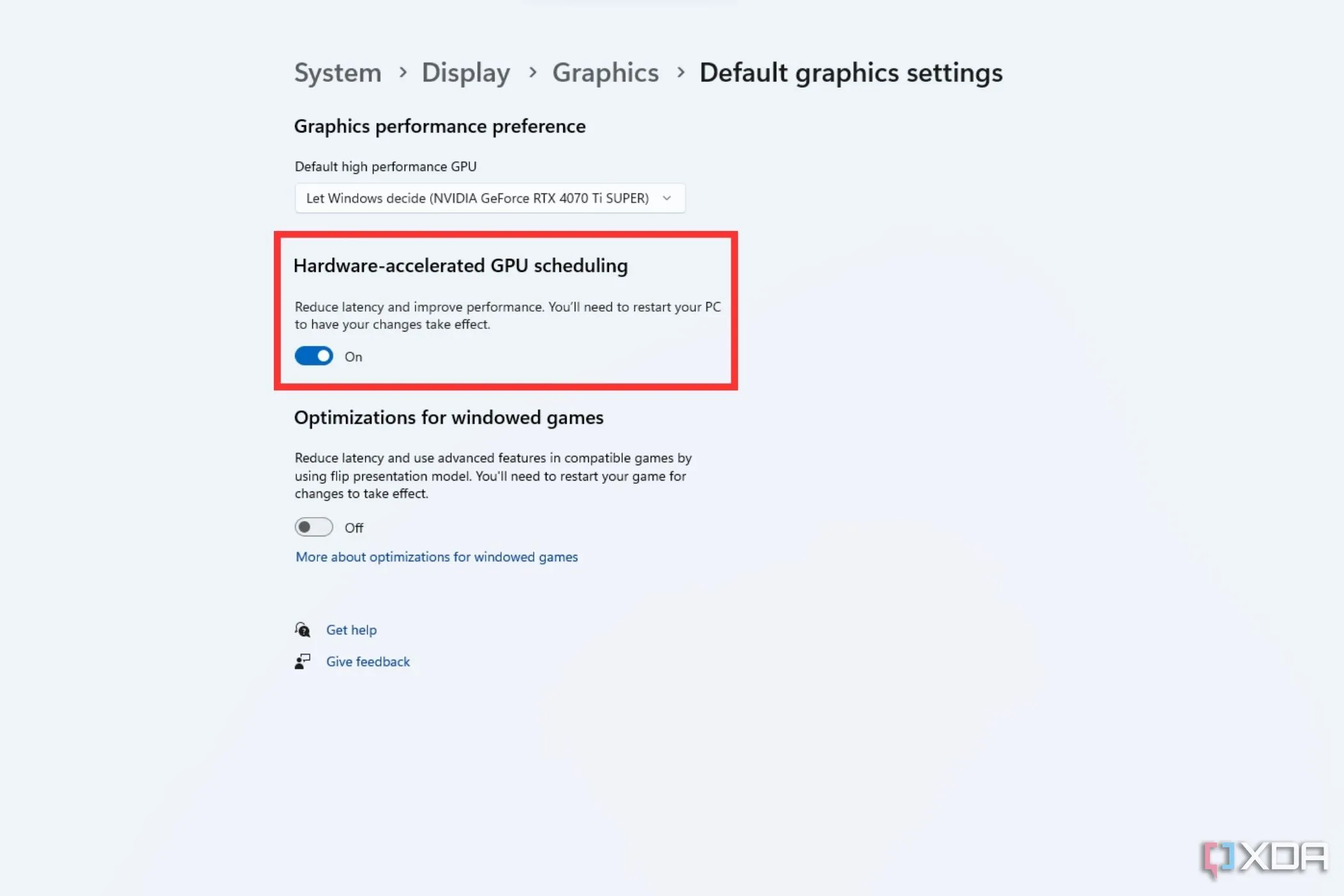 Tùy chọn Lập lịch GPU được tăng tốc phần cứng (HAGS) trong cài đặt đồ họa Windows.