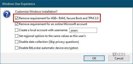 Tùy chọn tùy chỉnh cài đặt trong Rufus, bỏ qua yêu cầu 4GB RAM, Secure Boot và TPM 2.0