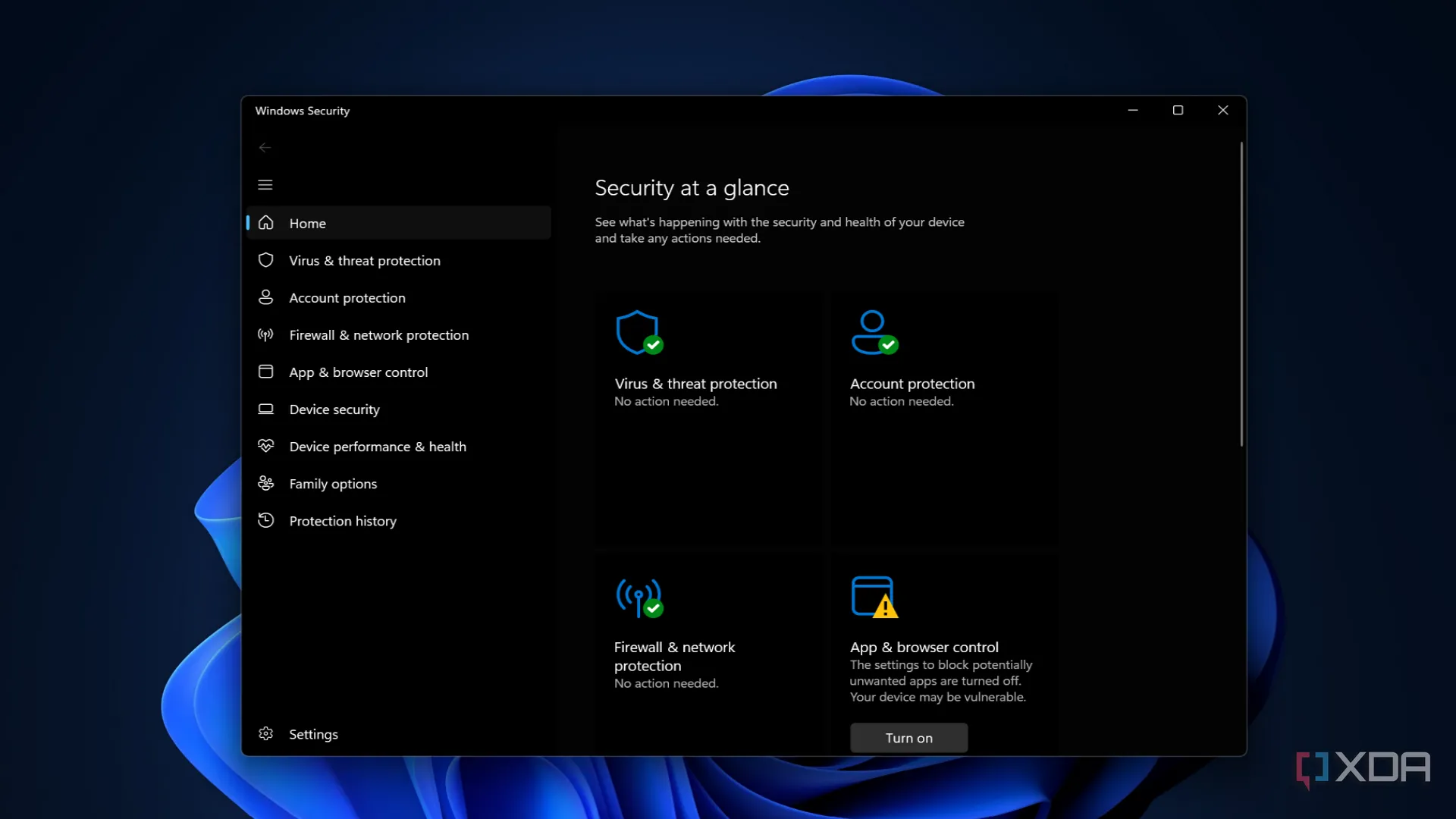 Ứng dụng Windows Security trên Windows 11 hiển thị trạng thái bảo vệ