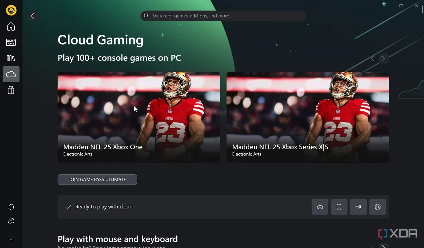Ứng dụng Xbox trên Windows 11 hiển thị các tựa game hỗ trợ Cloud Gaming