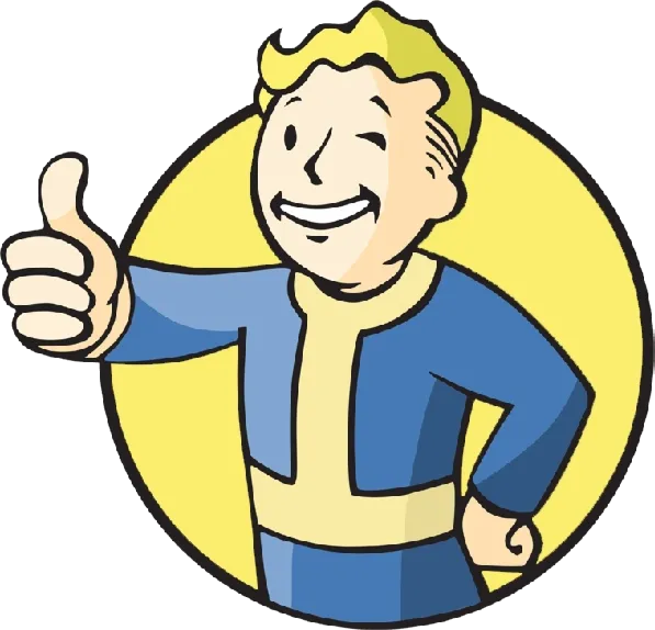Vault Boy, linh vật của series Fallout, giơ ngón tay cái lên trong bối cảnh hậu tận thế