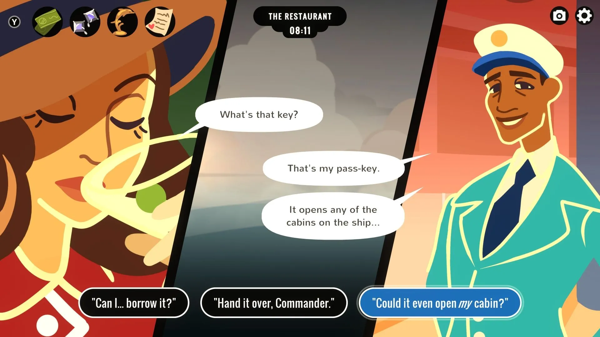 Veronica nói chuyện với Anders trong game suy luận Overboard