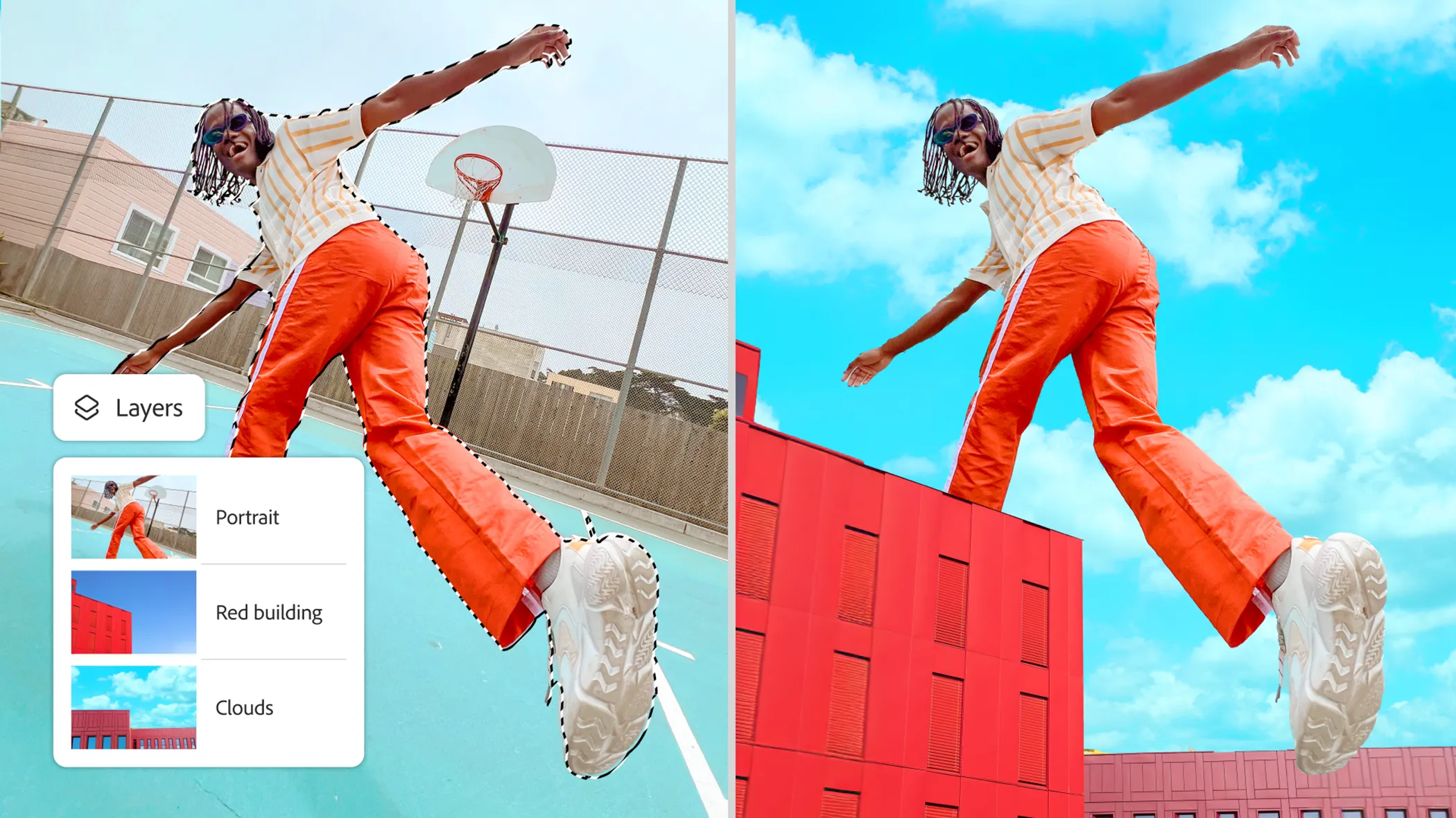 Ví dụ chỉnh sửa ảnh trên Photoshop Mobile, một người phụ nữ đứng trên tòa nhà với phông nền được thay đổi