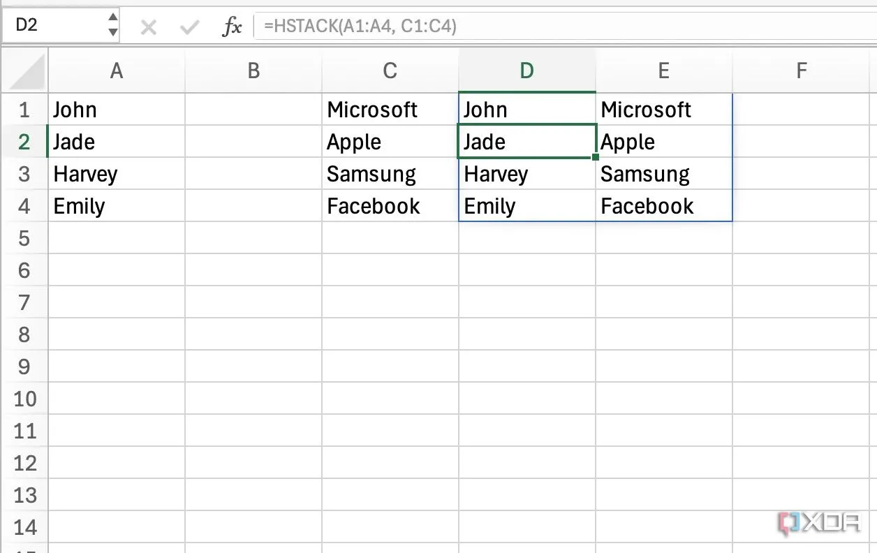 Ví dụ hàm HSTACK trong Excel để ghép các cột