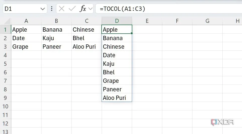 Ví dụ minh họa cách sử dụng hàm TOCOL trong Excel để gom dữ liệu vào một cột
