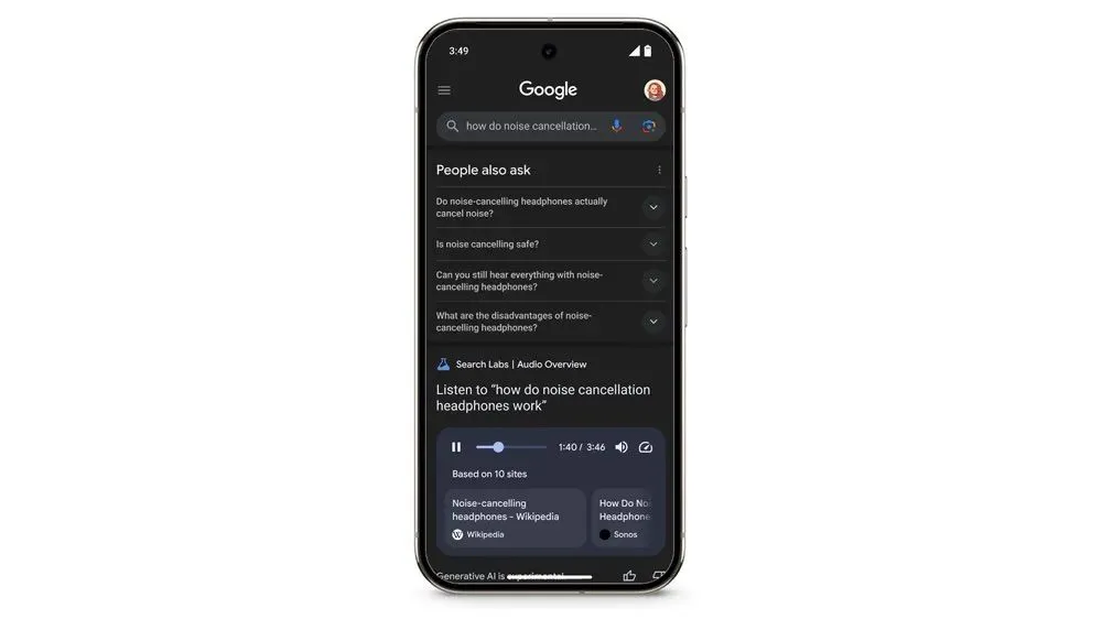 Ví dụ minh họa tính năng Audio Overviews xuất hiện trong kết quả tìm kiếm Google.