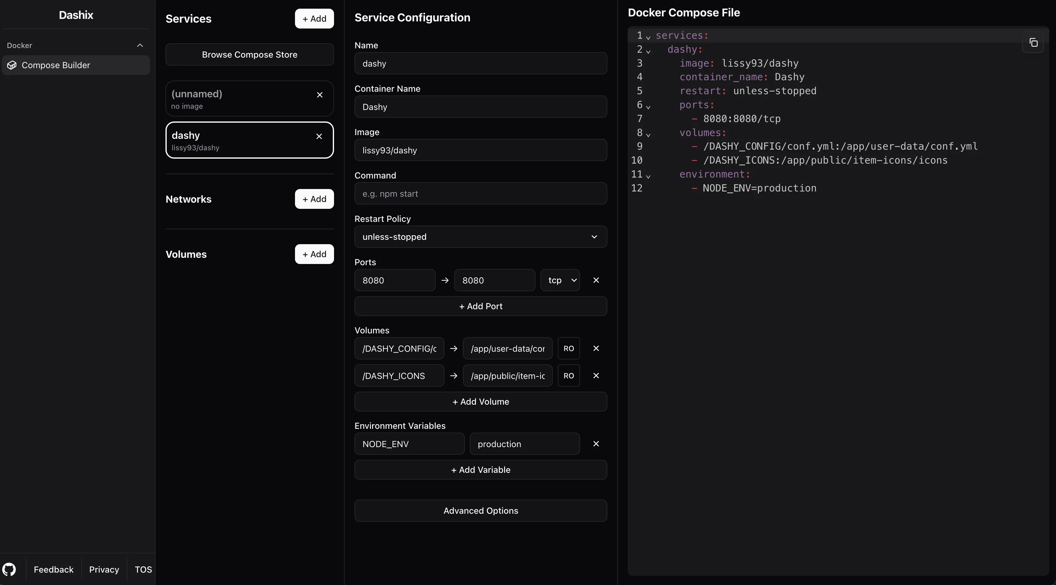 Ví dụ tập tin Docker Compose được tạo bởi Dashix