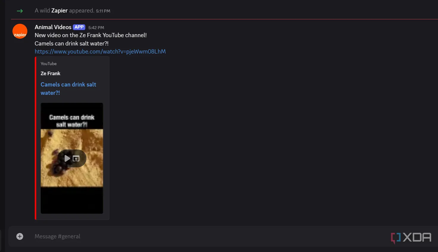 Video YouTube mới được gửi đến kênh Discord thông qua Zapier automation