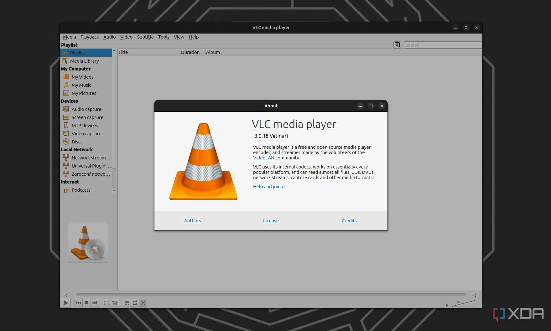 VLC Media Player trên Linux hiển thị thông tin về ứng dụng