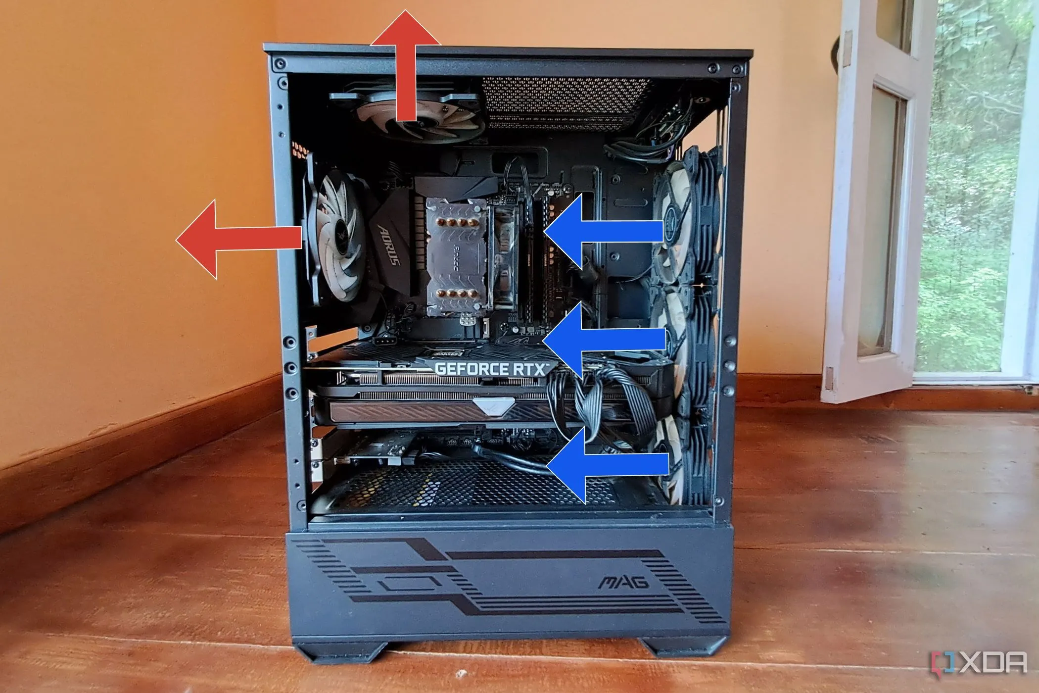 Vỏ case MSI MAG Forge 110R với ba quạt hút và hai quạt đẩy, minh họa thiết lập áp suất không khí dương để giảm bụi.