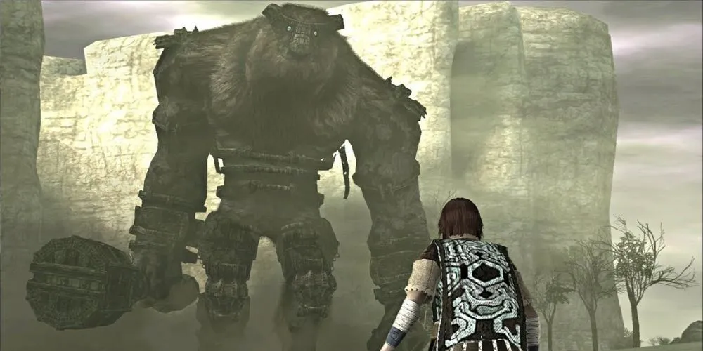 Wander đối mặt với Colossus đầu tiên trong Shadow of the Colossus