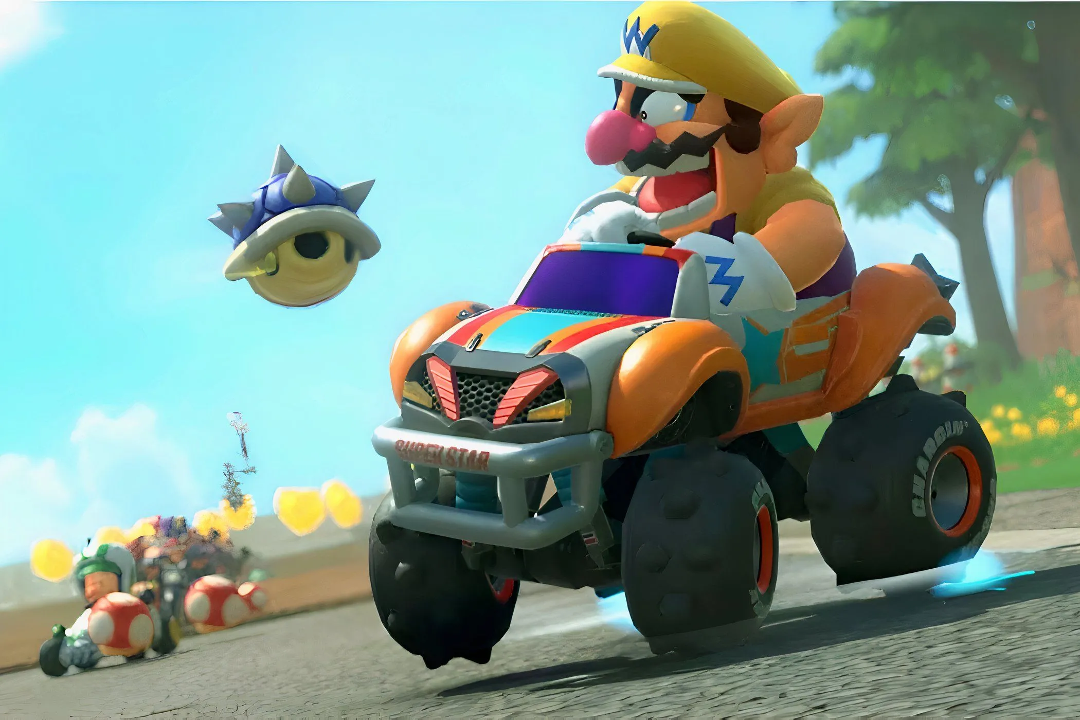 Wario giận dữ nhìn Blue Shell bay tới trong Mario Kart, vật phẩm đáng sợ nhất trong mọi cuộc đua.