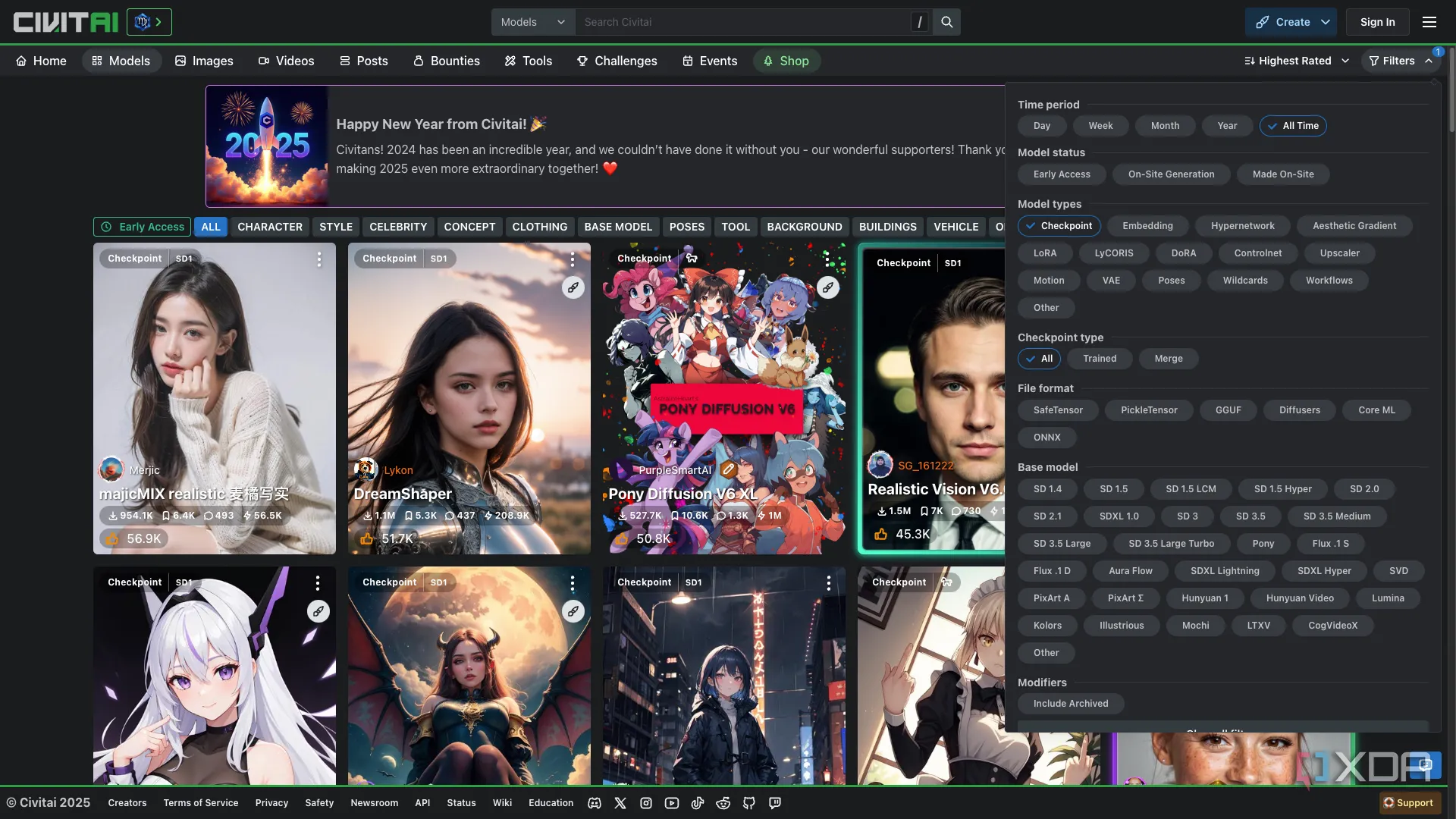 Website Civitai với giao diện tìm kiếm và các bộ lọc giúp khám phá mô hình Stable Diffusion