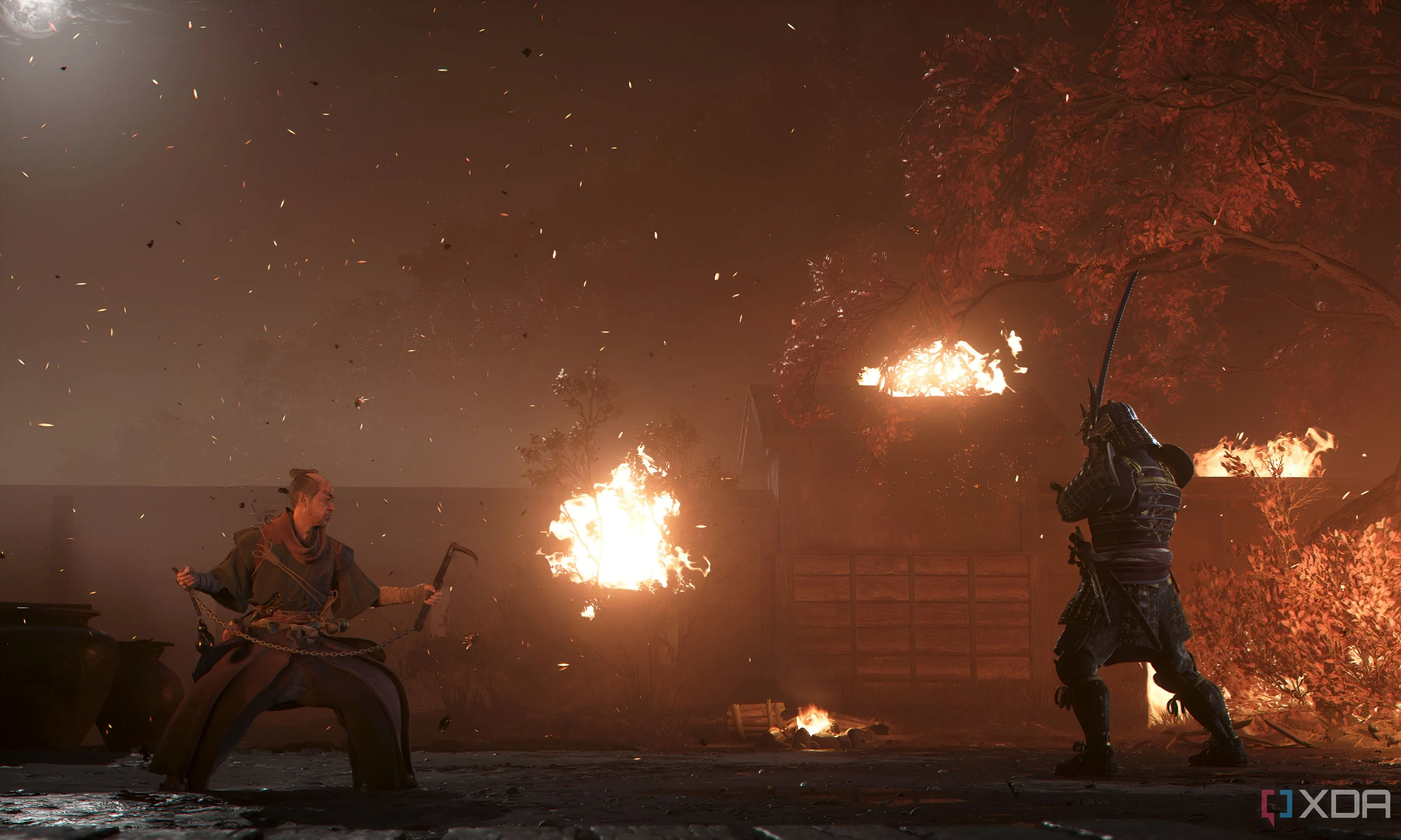 Yasuke đang đối đầu với một samurai trong đêm mưa tầm tã ở Iga trong Assassin's Creed Shadows