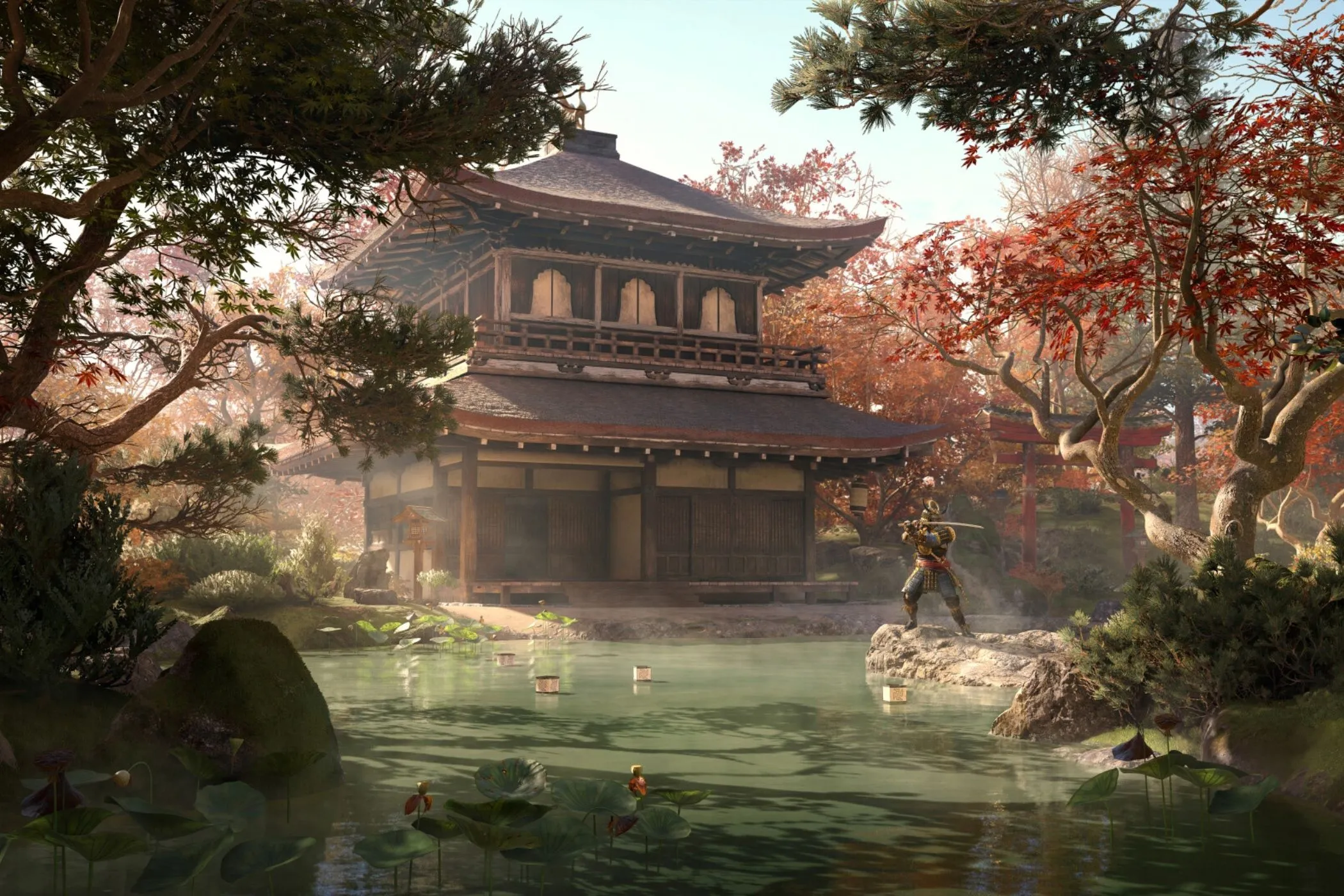 Yasuke đứng trong một ngôi đền cổ kính, minh họa không gian tiềm năng để nâng cấp căn cứ trong Assassin's Creed Shadows.