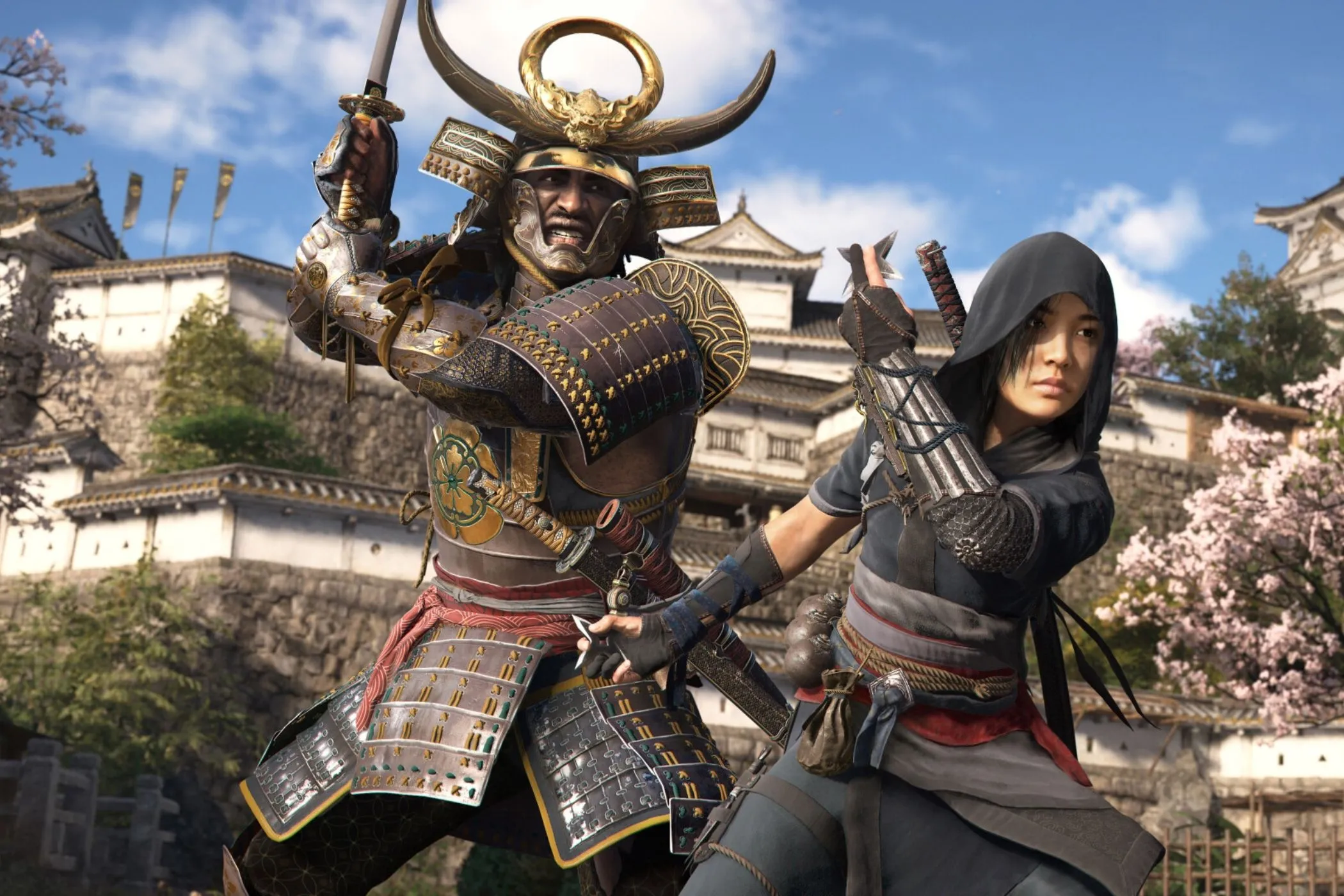 Yasuke và Naoe đứng cạnh nhau, thể hiện sự đa dạng về phong cách chơi trong Assassin's Creed Shadows