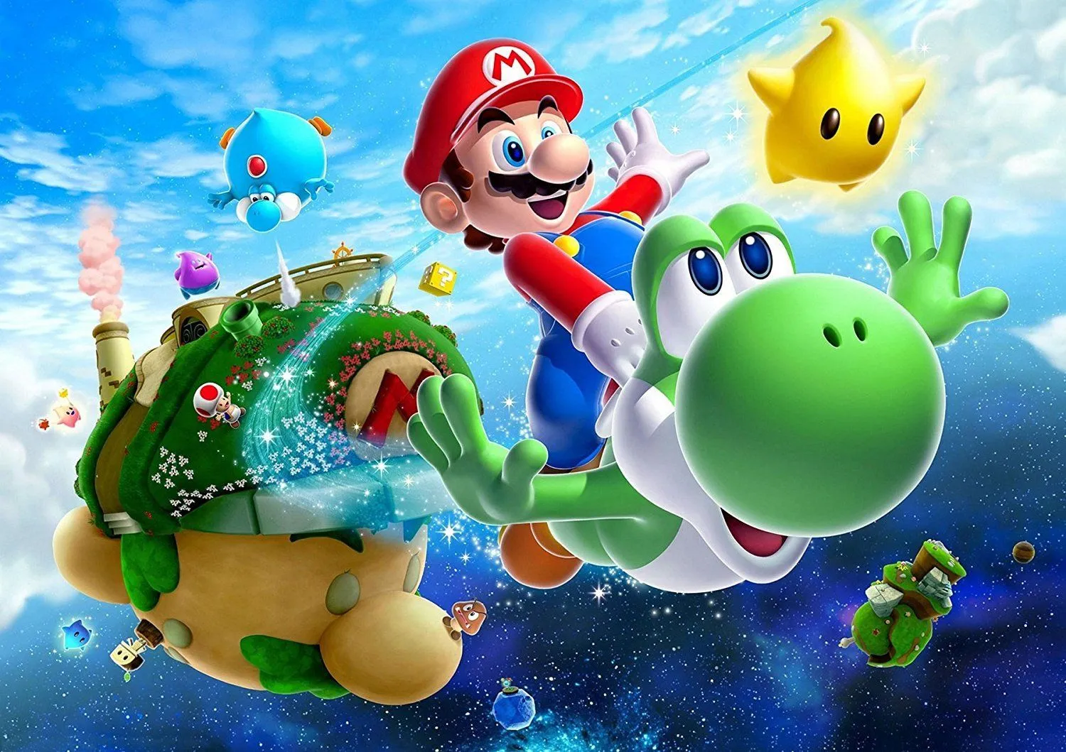 Yoshi và Mario cưỡi Yoshi trên hành tinh trong Super Mario Galaxy 2